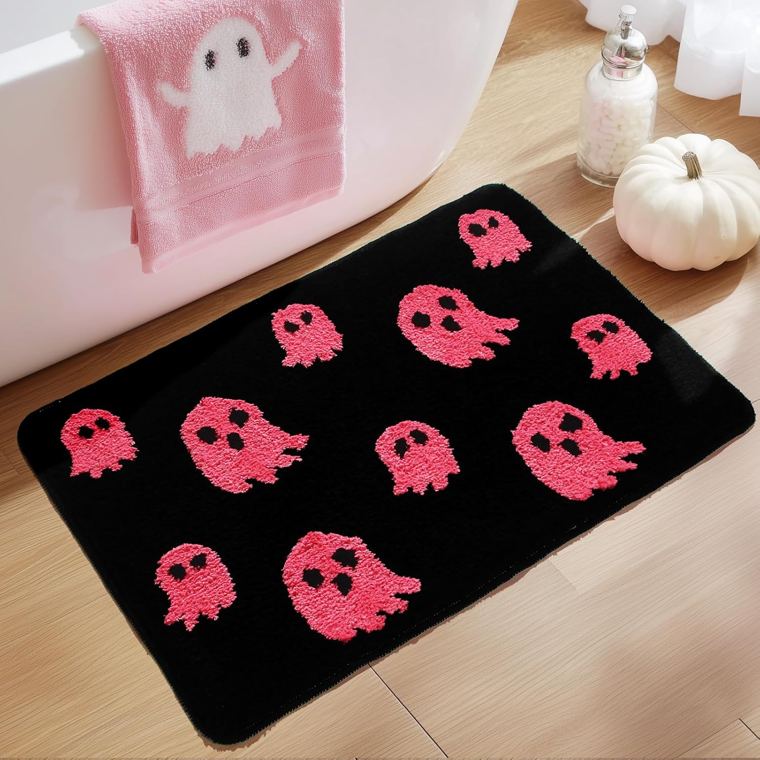 Black Halloween Bath Mat – Cute Ghost Decor Mat Non-Slip Black Bathroom Rug Soft Spooky Bath Rug for Shower, Bedroom, Living Room