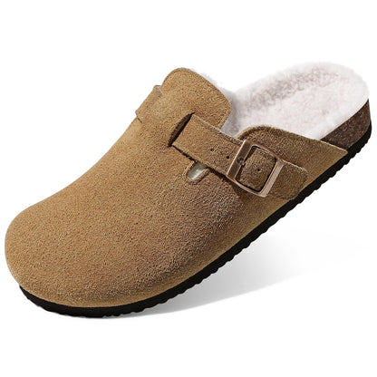 KIDMI Women's Fur Lined Suede Clogs Fuzzy Cork Footbed Mules Slip On Winter Potato Shoes