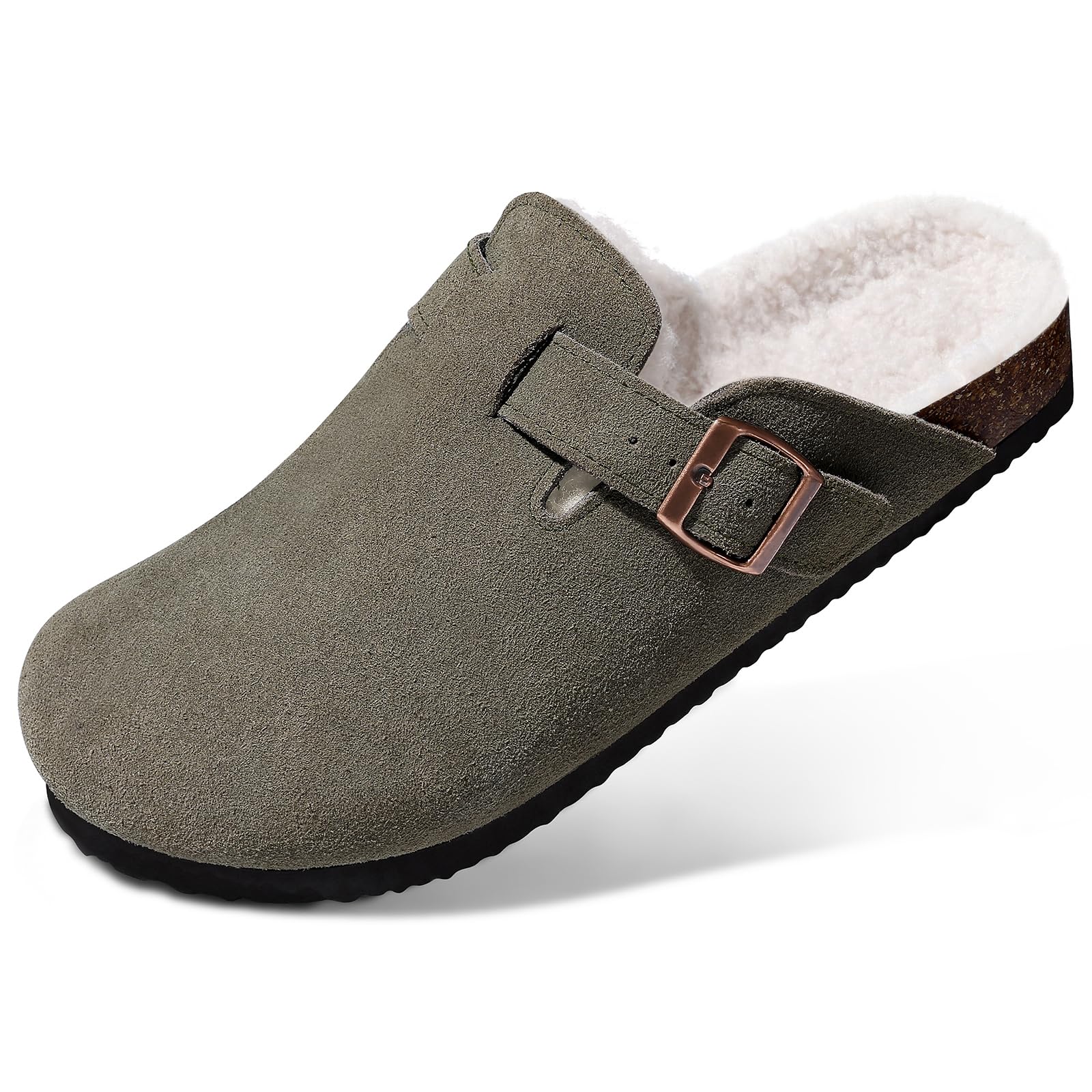 KIDMI Women's Fur Lined Suede Clogs Fuzzy Cork Footbed Mules Slip On Winter Potato Shoes