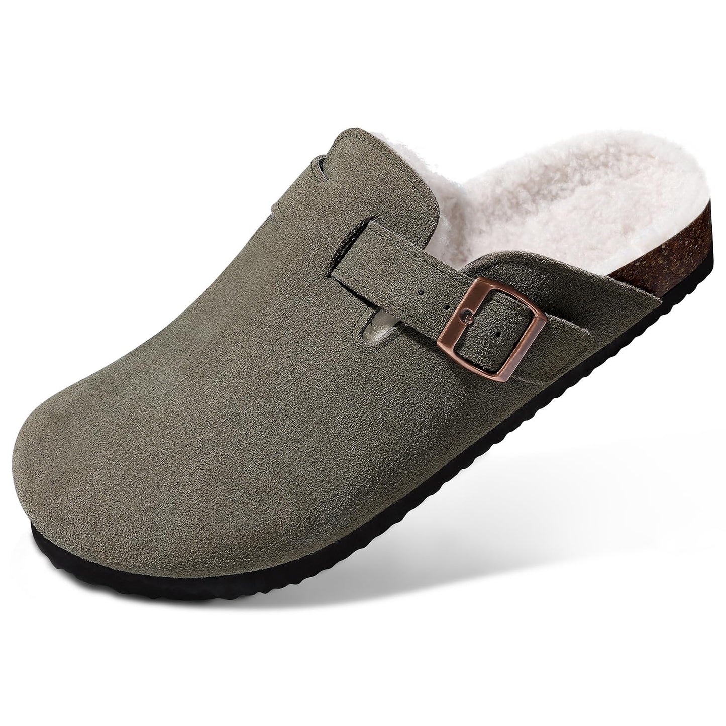 KIDMI Women's Fur Lined Suede Clogs Fuzzy Cork Footbed Mules Slip On Winter Potato Shoes