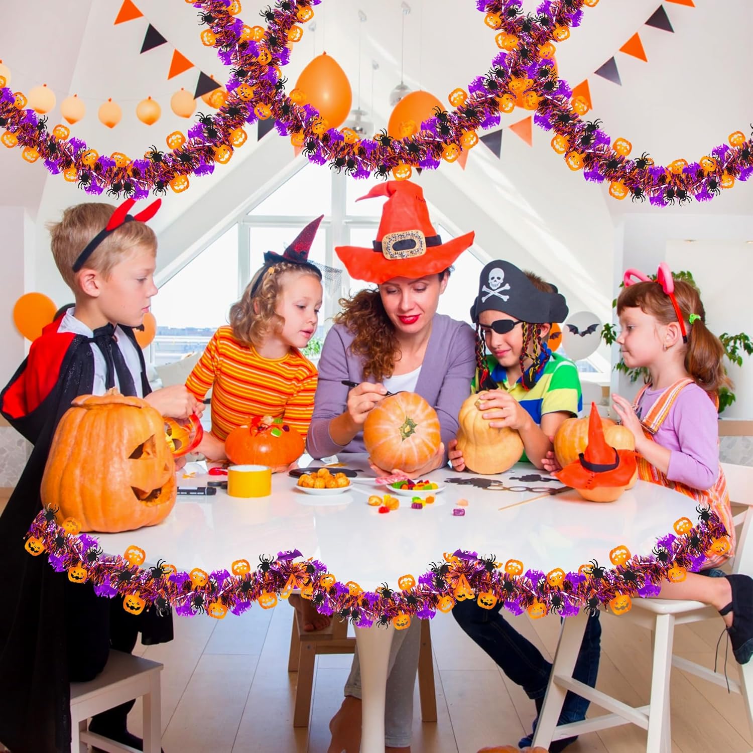 33FT Spooky Halloween Tinsel Garland with Pumpkin Bat Spider Ornament, Shiny Metallic Twist Garland Outdoor Indoor Halloween Decorations for Home Table Office Classroom Fireplace Party Decor