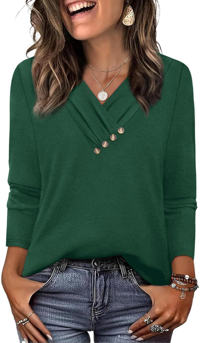 WIHOLL Long Sleeve Shirts for Women Fall Outfits V Neck T Shirts Button Down Tunic Tops Fashion Clothing
