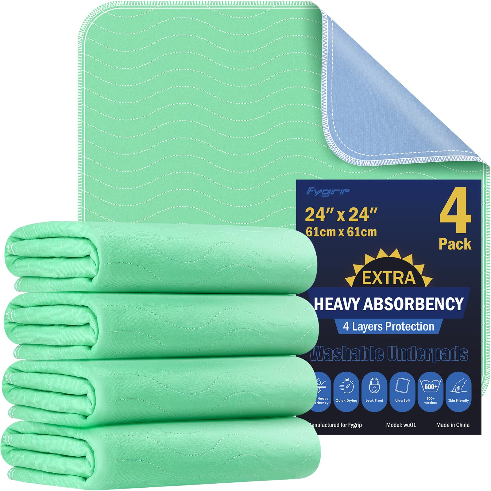 4 Pack 36” x 36” Extra Heavy Absorbency Washable Underpads, Waterproof Quick Drying Nursing Incontinence Reusable Washable Bed Pee Pads for Dogs, Diaper Changing & Adults, Green
