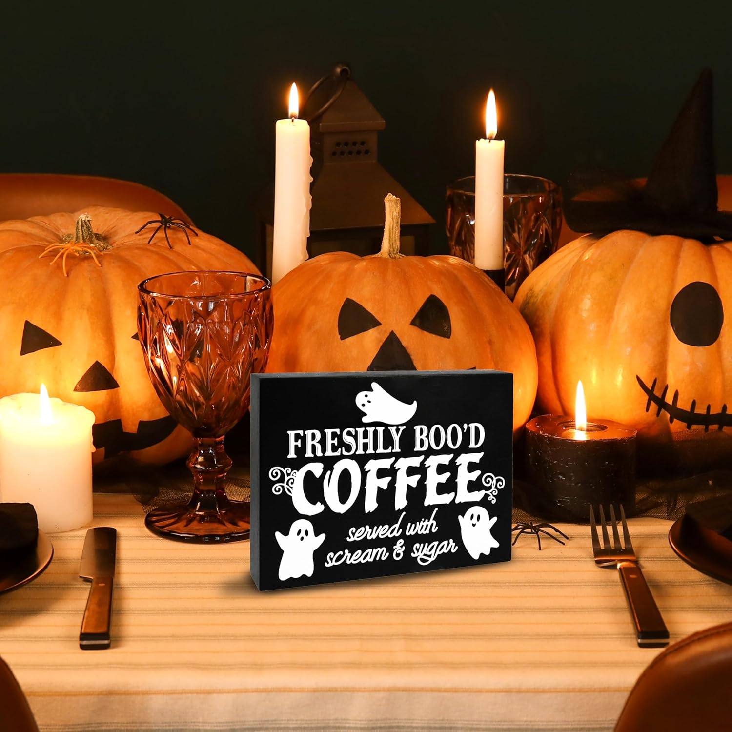 Gift Boutique Halloween Coffee Sign – Freshly Boo’d Coffee Served with Scream and Sugar Black Wooden Tabletop Plaque for Kitchen, Cafe, Party Decor