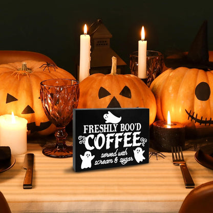 Gift Boutique Halloween Coffee Sign – Freshly Boo’d Coffee Served with Scream and Sugar Black Wooden Tabletop Plaque for Kitchen, Cafe, Party Decor