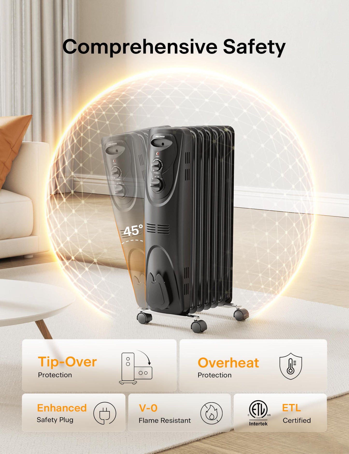Pelonis Oil Filled Radiator Heater for Large Space, 2025 Upgraded, Space Heaters with 1500W Quiet Warmth Radiant Heater, 3 Heating Modes, Overheat & Tip-Over Protection, Adjustable Thermostat, Black