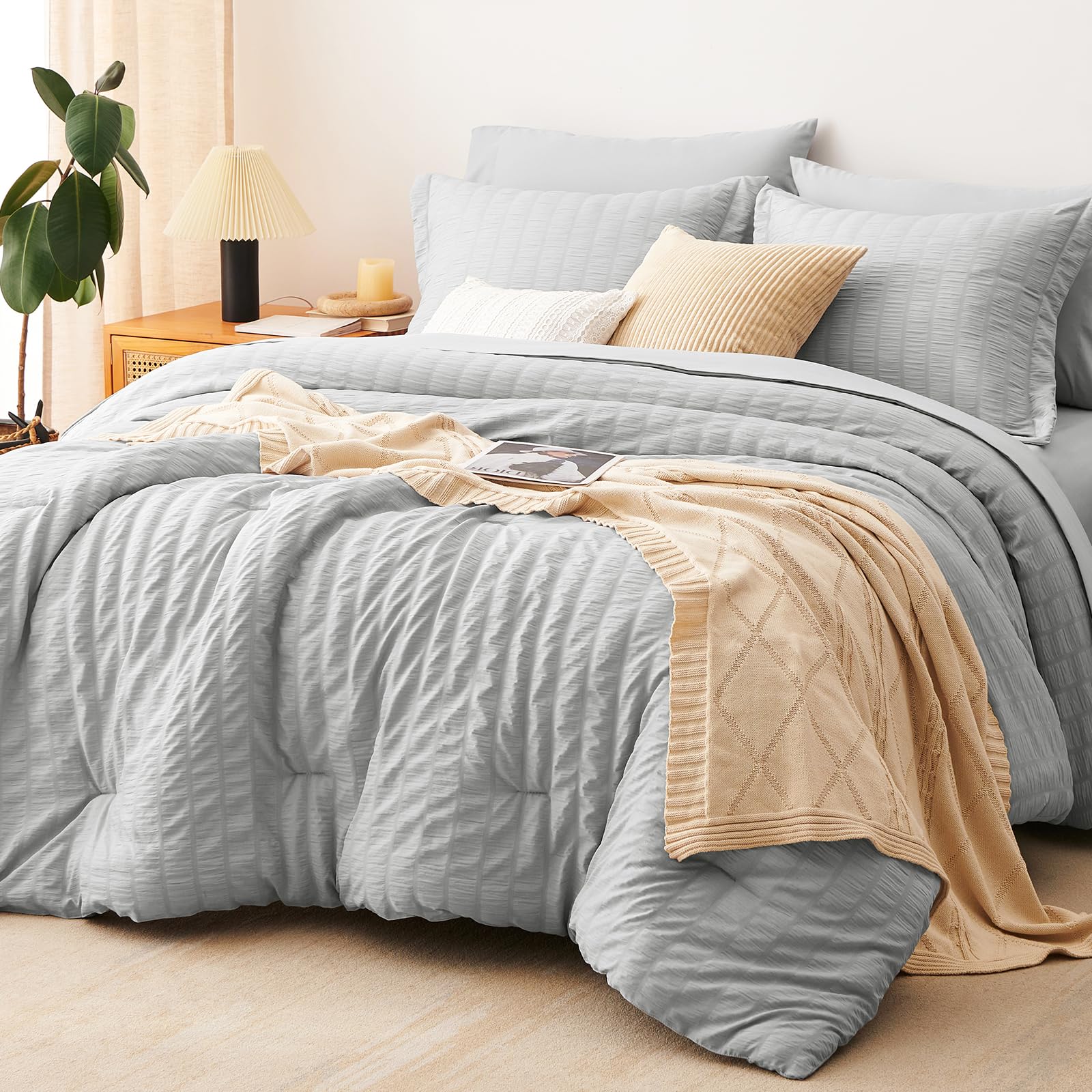 CozyLux Queen Comforter Set White Seersucker 7 Pieces Bed in a Bag Queen Comforter Set with Sheets, Luxury Soft Bedding Set with Down Alternative Comforter, Sheets, Pillowcases & Shams for All Seasons
