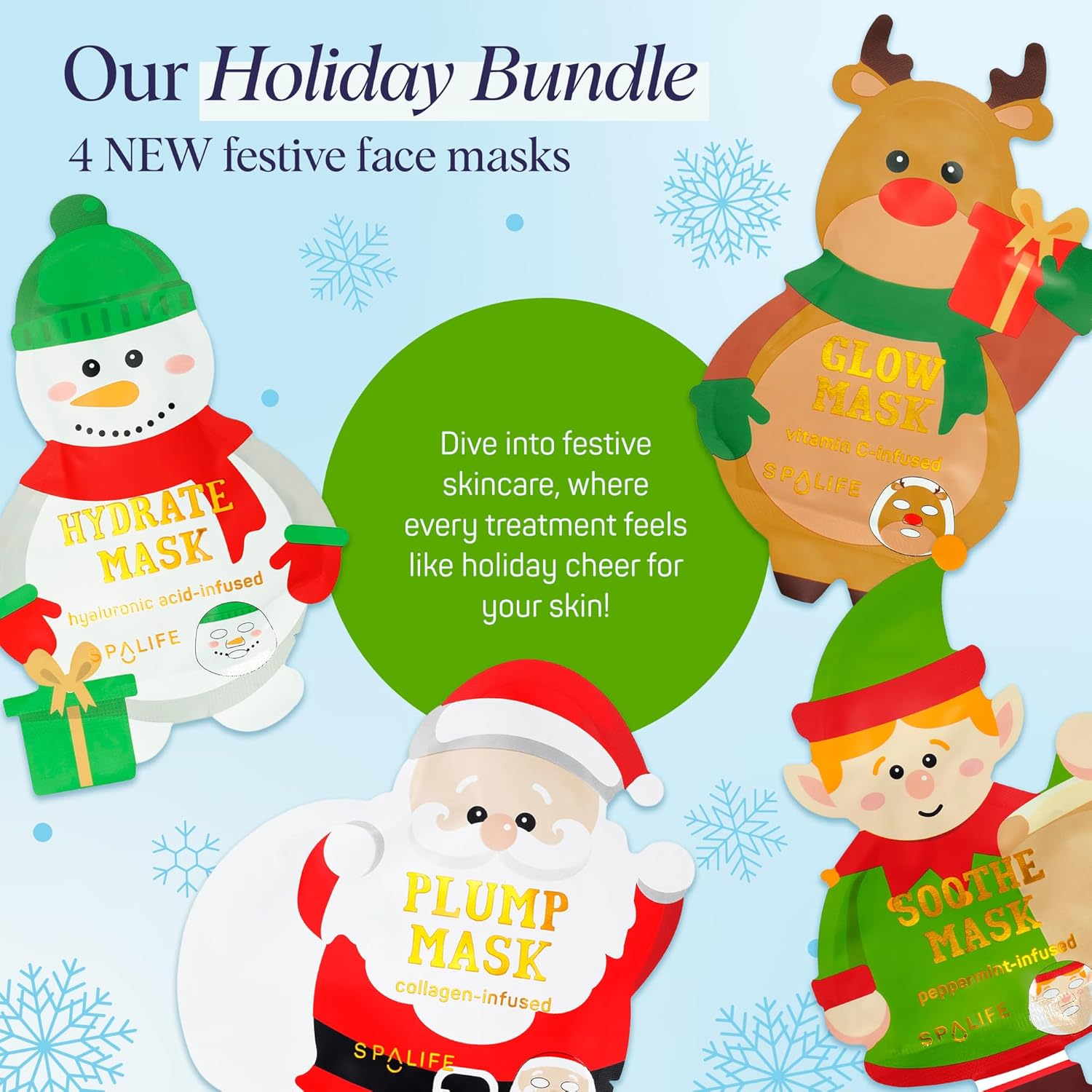 SpaLife Beauty Santa’s Workshop Christmas Face Mask Bundle | Korean Facial Masks | Hydrating, Soothing and Firming Sheet Mask Set | Christmas Face Masks for Women | Spa Party Favors | 12 Pack
