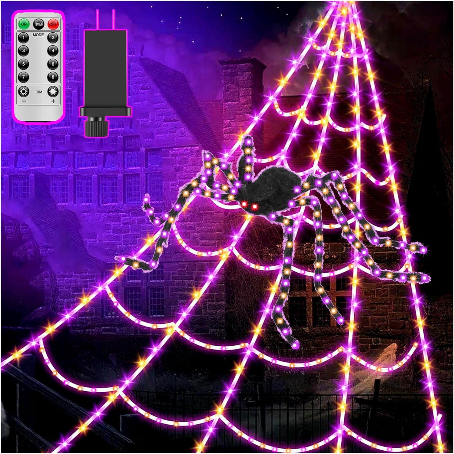 Spider Webs Halloween Decor Lights - 450 LEDs Outdoor Halloween String Lights with 60" Light Up Spider,8 Modes Remote Control 16.4Ft Spiderweb,Waterproof (New Orange-Purple Grid Luminous Net)