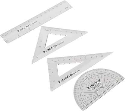 STAEDTLER Math Set - 4 pc Geometry Kit for Students - School Supplies with Clear Protractor, 6in Ruler & 2 Triangles – Metric & Imperial Scales