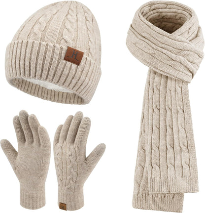Womens Winter Beanie Hats Long Scarf Touchscreen Gloves Set Warm Knit Skull Caps Gifts for Women