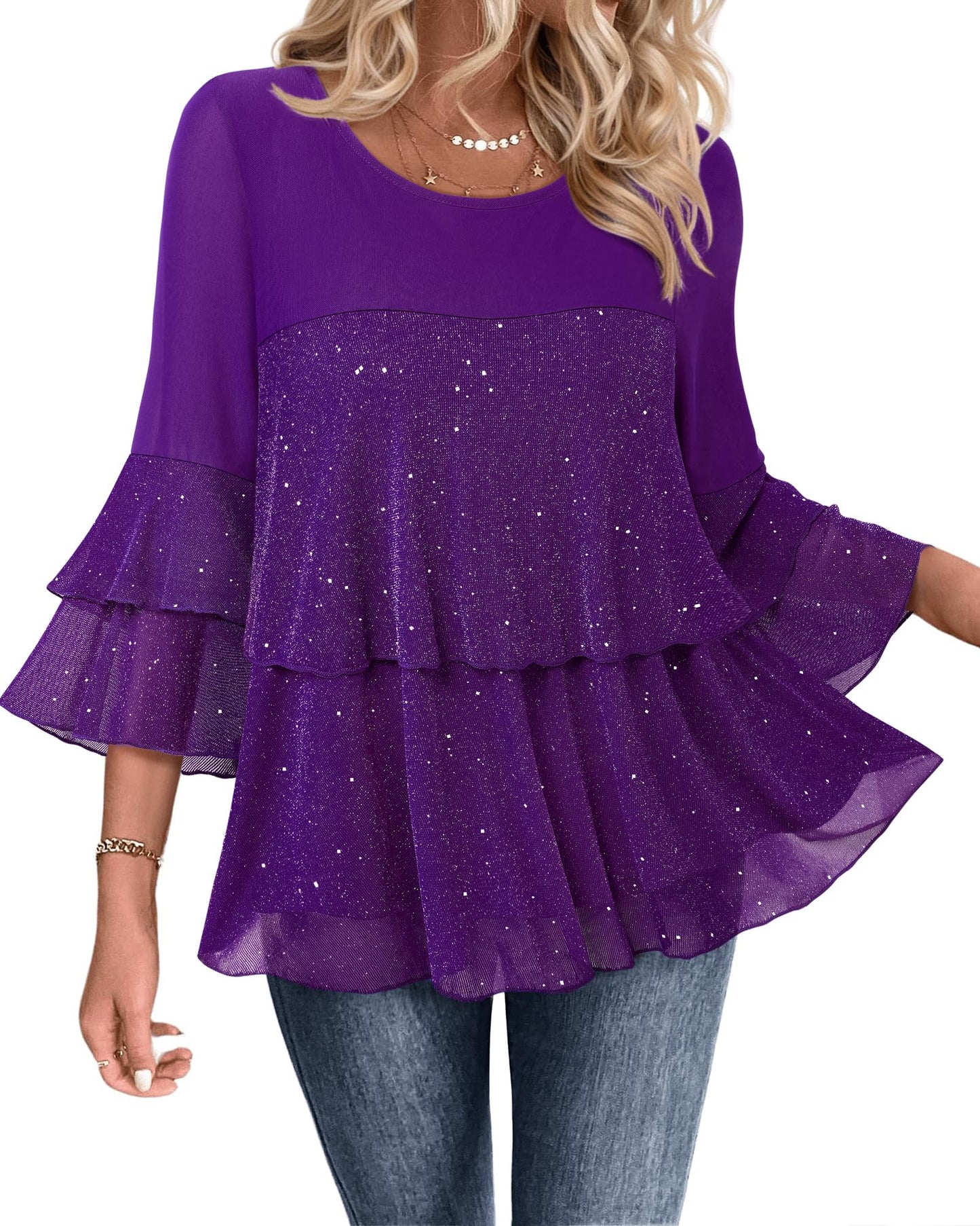 Bebonnie Womens Dressy Sparkly Tops 3/4 Sleeve Ruffles Elegant Evening Flowy Blouse