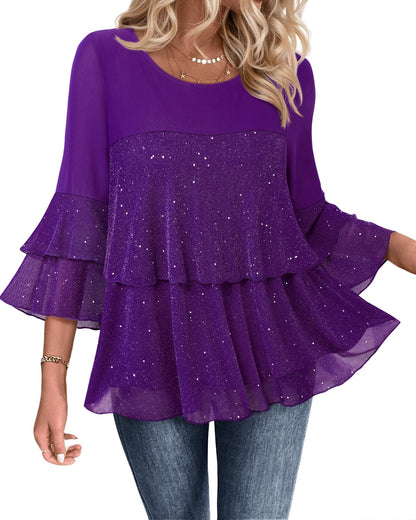 Bebonnie Womens Dressy Sparkly Tops 3/4 Sleeve Ruffles Elegant Evening Flowy Blouse