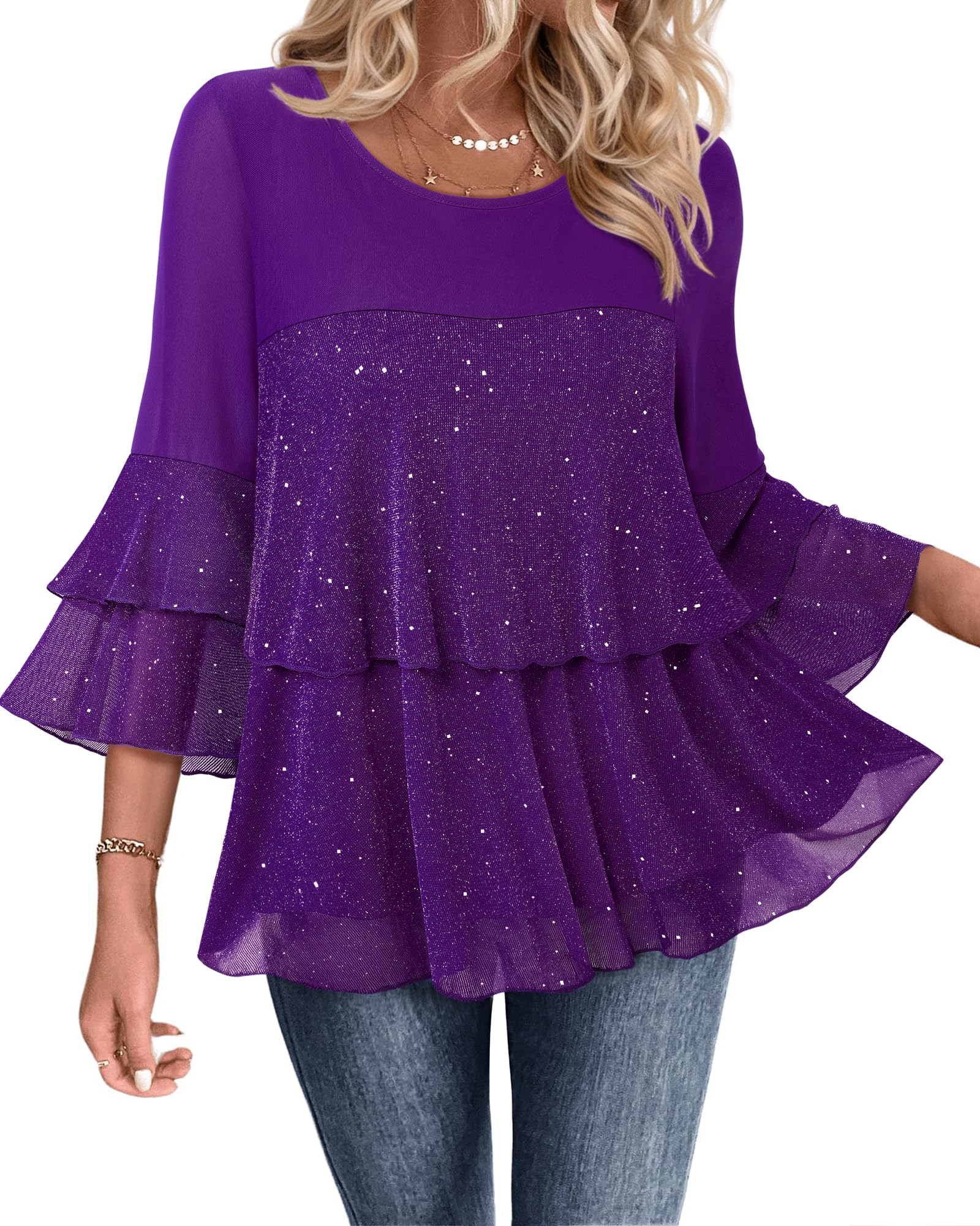 Bebonnie Womens Dressy Sparkly Tops 3/4 Sleeve Ruffles Elegant Evening Flowy Blouse