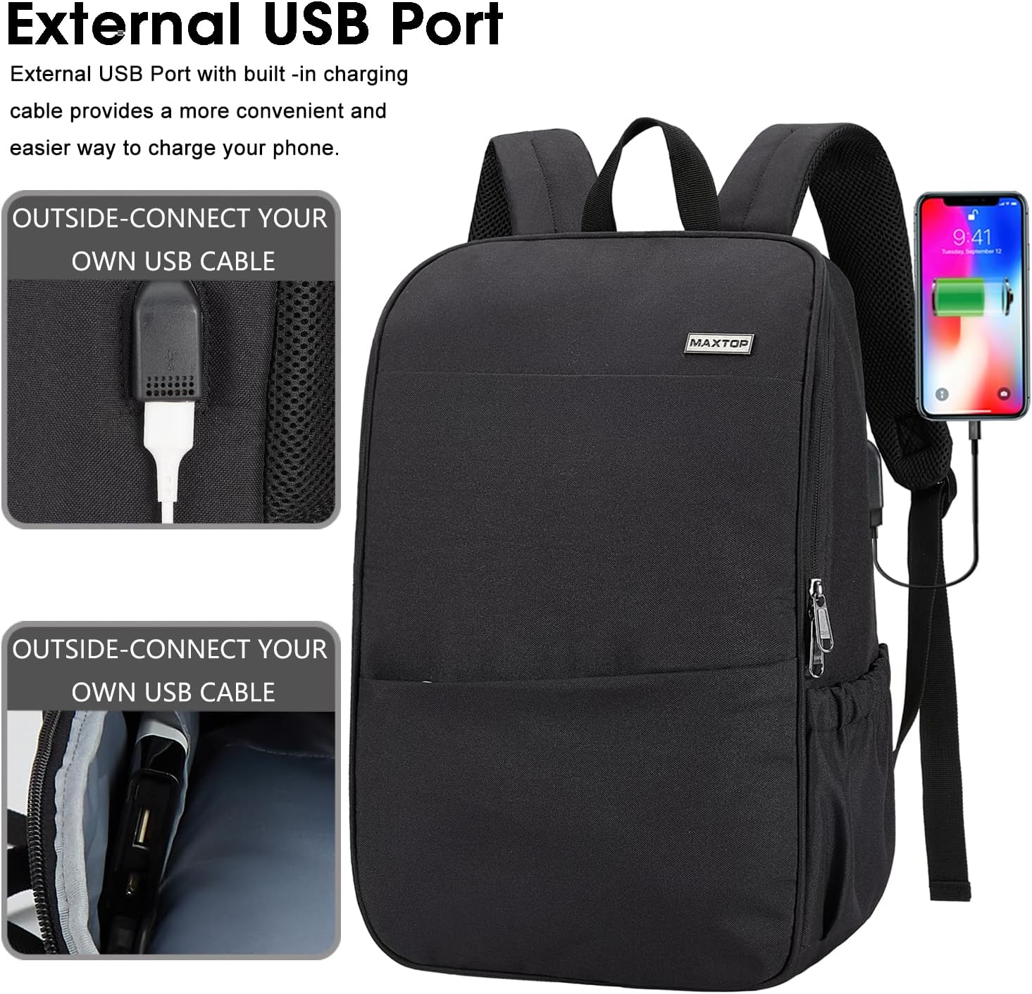 MAXTOP Deep Storage Laptop Backpack with USB Charging Port[Water Resistant] College Computer Bookbag Fits 15 Inch Laptop Black