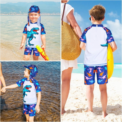 Boys Two Piece Rash Guard Swimsuits Kids Short Sleeve Swimwear Sets Bathing Suit with Sun Hat for 2-6 Years