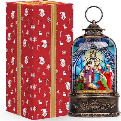Christmas Snow Globe Swirling Glittering Nativity Scene with Music, USB Lined/Battery Operated Lighted Water Lantern for Christmas Festival Decoration Gifts
