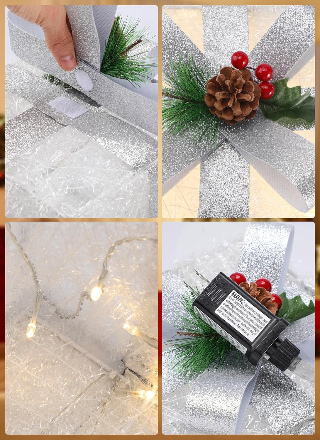 Brightown 3 Pieces Lighted Gift Boxes Outdoor Christmas Decorations, 12" 10" 8" with 60 Pre-Lit Mini String Lights，Foldable LED Boxes with Bows for Tree Indoor Outdoor Party Yard Home Decor