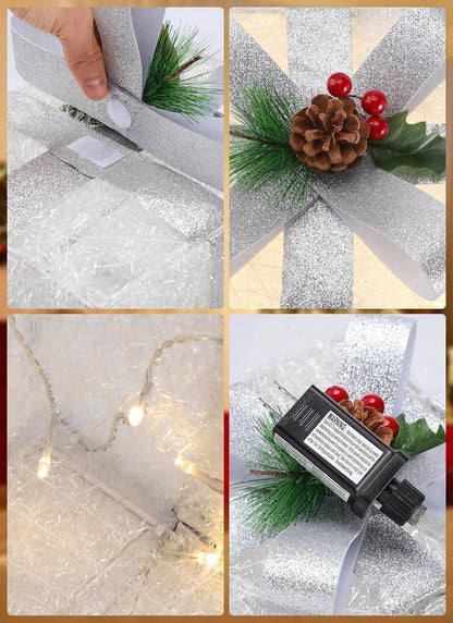 Brightown 3 Pieces Lighted Gift Boxes Outdoor Christmas Decorations, 12" 10" 8" with 60 Pre-Lit Mini String Lights，Foldable LED Boxes with Bows for Tree Indoor Outdoor Party Yard Home Decor