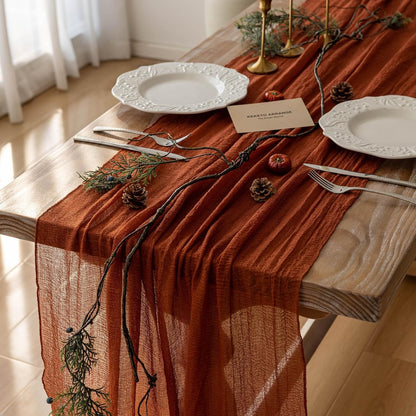 Thanksgiving Fall Table Runner Terracotta Gauze 120 Inch 10 FT Rustic Burnt Orange Sheer Cheese Cloth for Bridal Shower Friendsgiving Party Centerpiece Decor Fall Decorations for Home