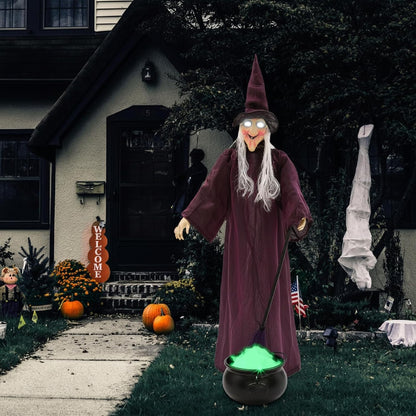 3 Pcs 71" Halloween Hanging Witch Decorations Set LED Large Outdoor Ghost with Cauldron, Sound Activated Talking Animated Prop with Broom, Tripod Outdoor Halloween Decor for Yard Lawn Garden
