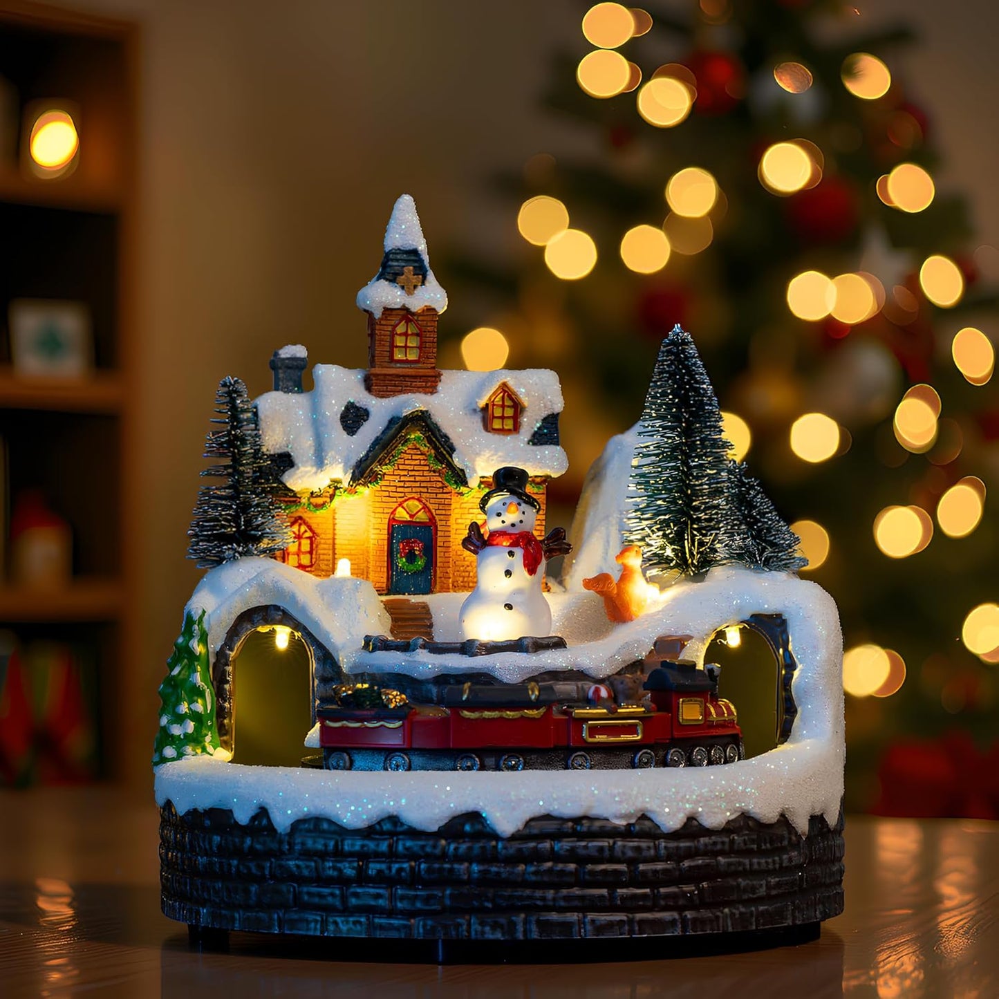 Animated Musical Christmas Village Figurines Christmas Collectibles Statues Church Building and Snowman with Rotating Train LED Lights, Battery & USB Home Decor Gifts Festive Holiday Decorations