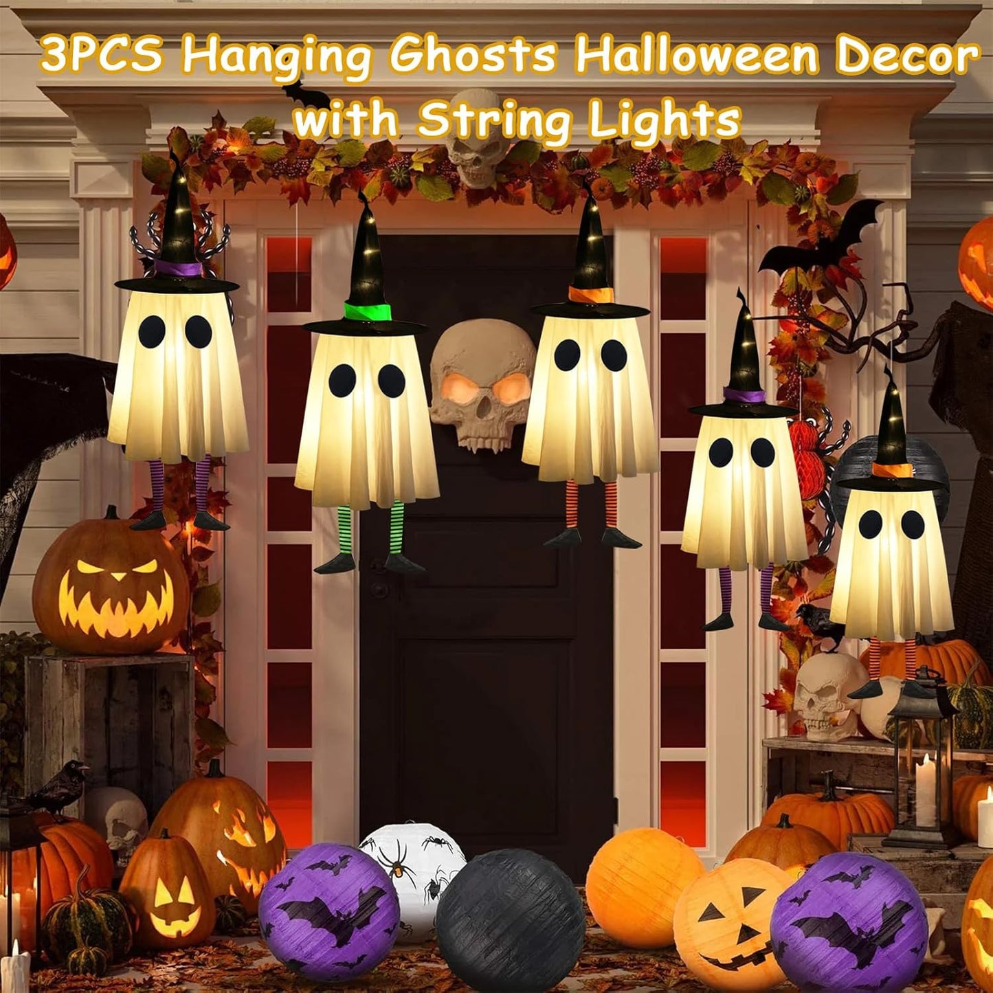 Set of 3 Halloween Hanging Ghosts, Halloween Decorations Outdoor Hanging Ghosts with Witch Hat,Glowing Ghost Witch Hat Lights, Halloween Ghost Decor for Yard Patio Garden Tree Outside(3 Ghost Lighted)