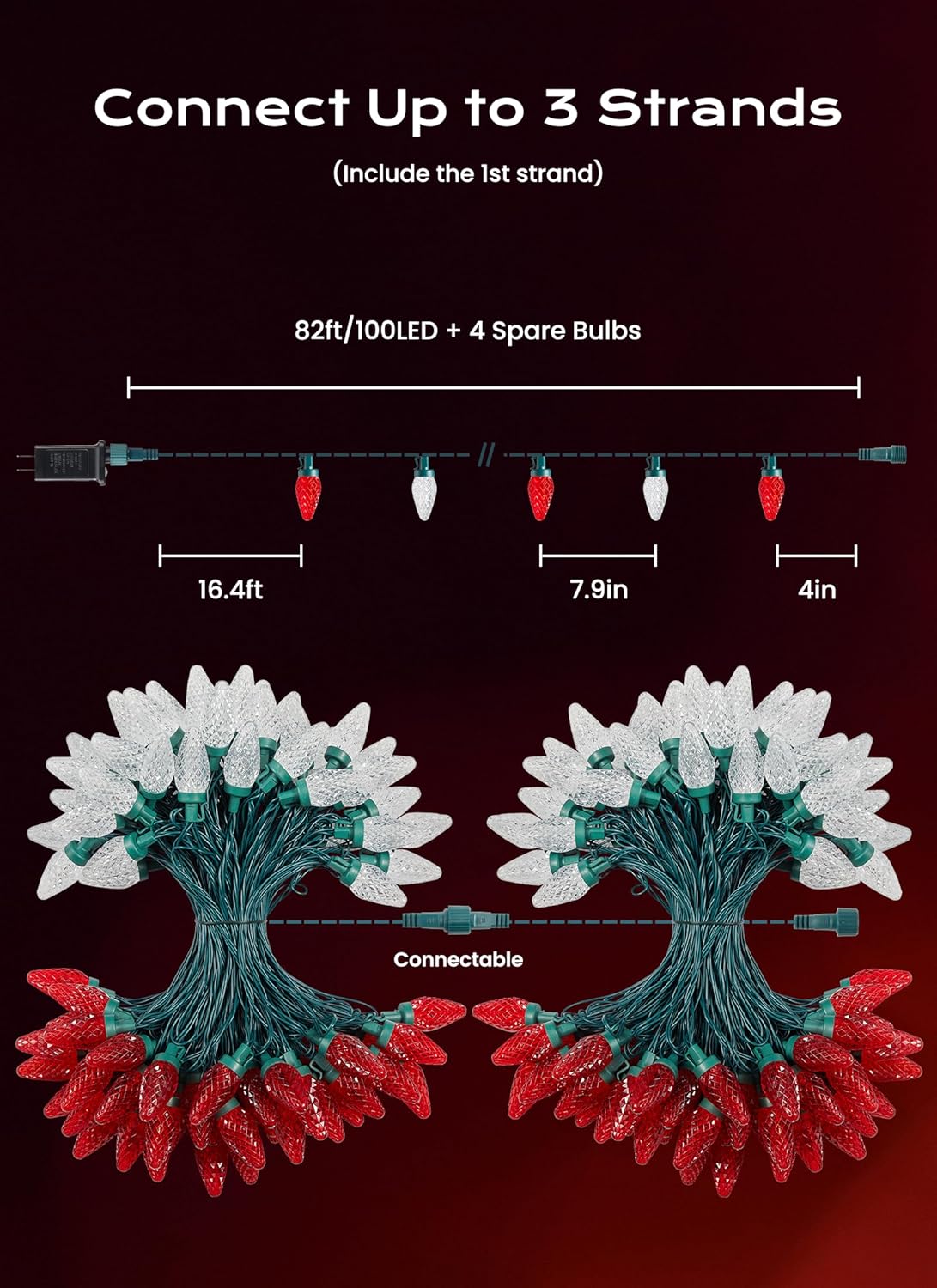 C9 Christmas Lights Outdoor, 66 FT 100 LED Connectable C9 String Lights with 8 Modes and Timer Xmas Tree Patio Roofline Garden Yard Holiday Party Indoor Outdoor Decoration, Red and White