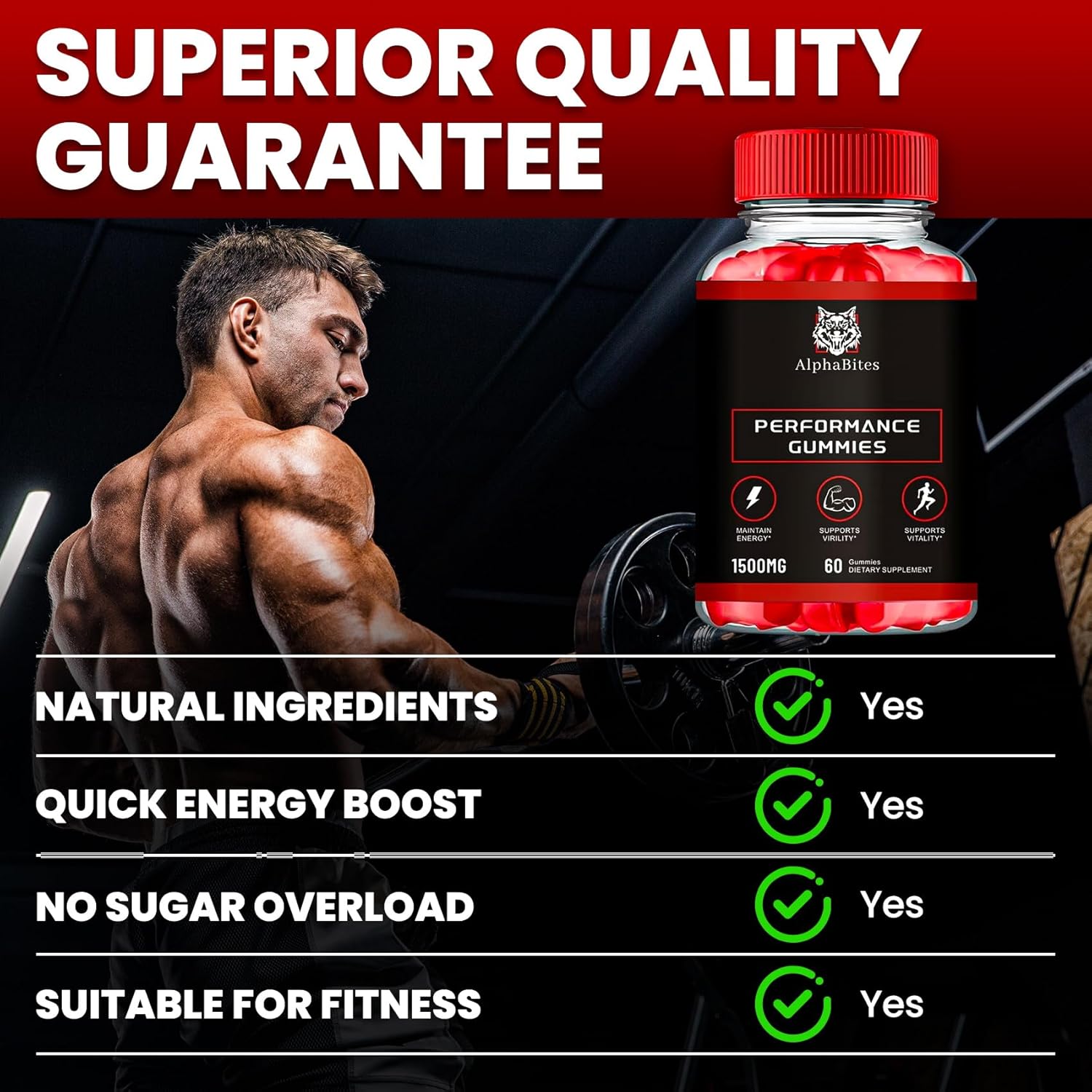 Alpha Bites Gummies, 60 Gummies, AlphaBites Advanced Formula Max Performance Gummies, All Natural Supplement Extra Strength, Alpha Growth and Overall Health Support