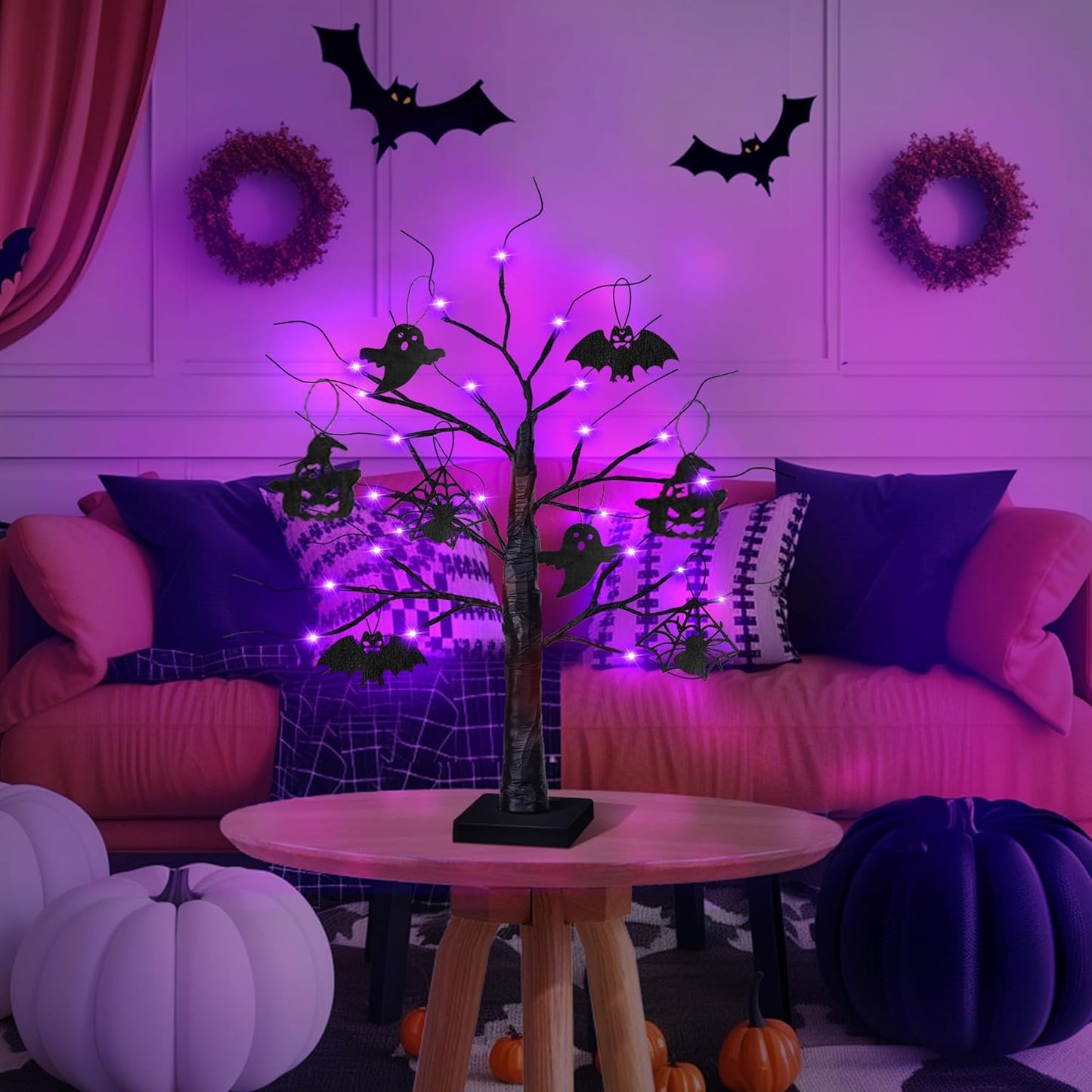 2 Pack 24 Inch Black Halloween Tree with 24 LED Purple Lights, Timer/USB/Battery Operated Halloween Table Decorations Lighted Tree, Cute Halloween Decorations Indoor Home Decor Party Room