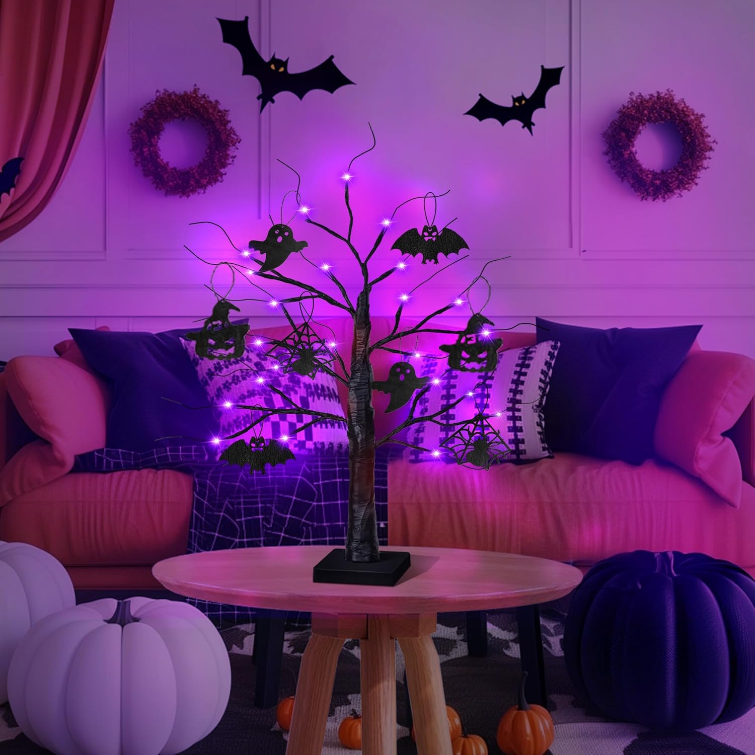 2 Pack 24 Inch Black Halloween Tree with 24 LED Purple Lights, Timer/USB/Battery Operated Halloween Table Decorations Lighted Tree, Cute Halloween Decorations Indoor Home Decor Party Room