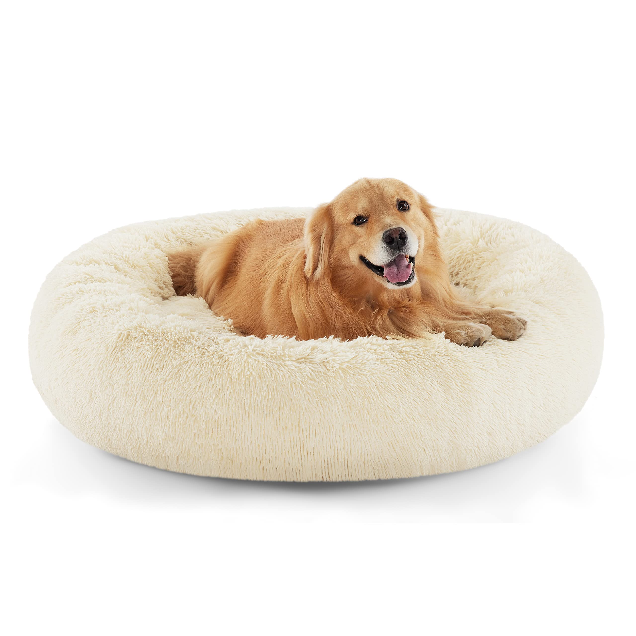 Bedsure Calming Dog Bed for Small Dogs - Donut Washable Small Pet Bed, 23 inches Anti-Slip Round Fluffy Plush Faux Fur Large Cat Bed, Fits up to 25 lbs Pets, Camel