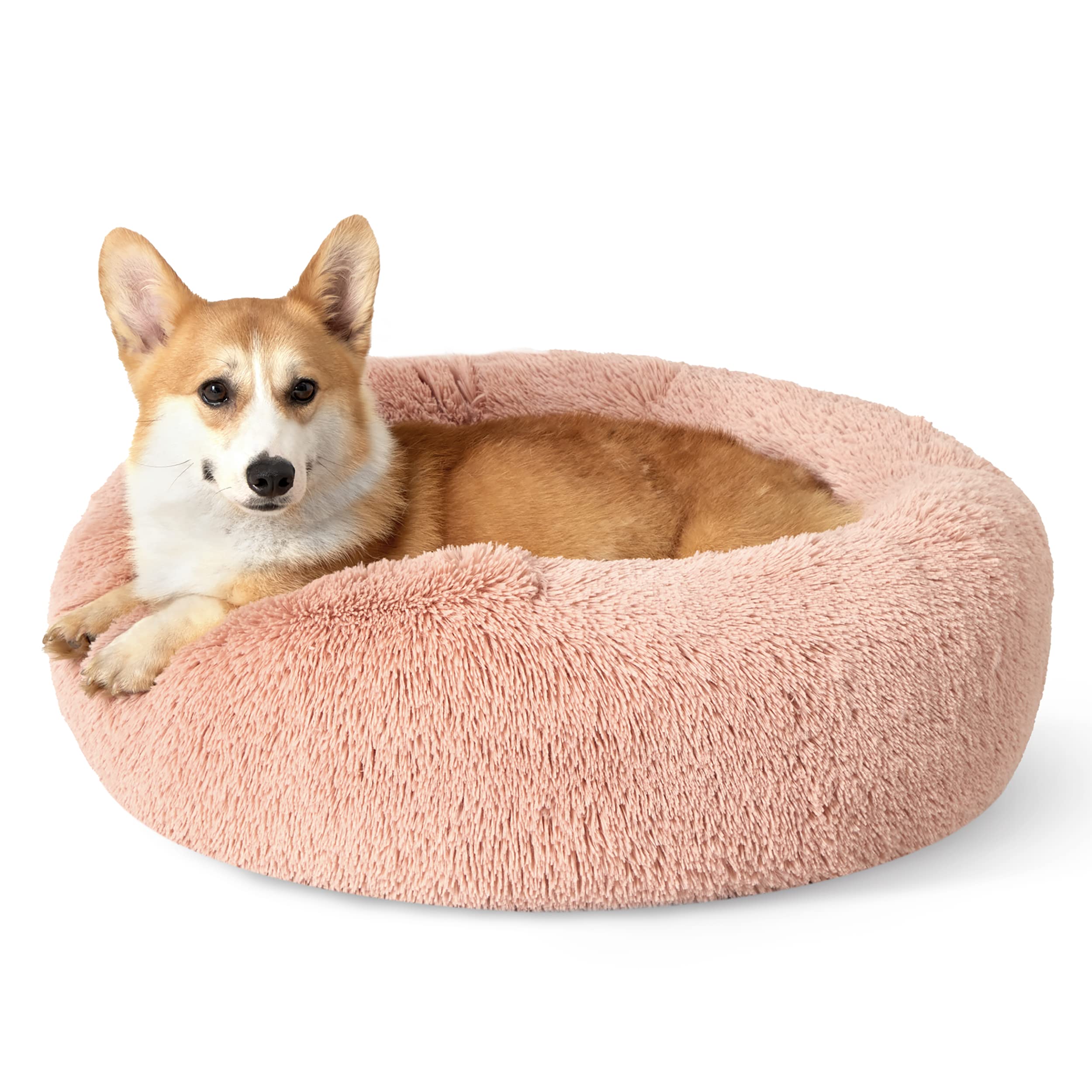 Bedsure Calming Dog Bed for Small Dogs - Donut Washable Small Pet Bed, 23 inches Anti-Slip Round Fluffy Plush Faux Fur Large Cat Bed, Fits up to 25 lbs Pets, Camel