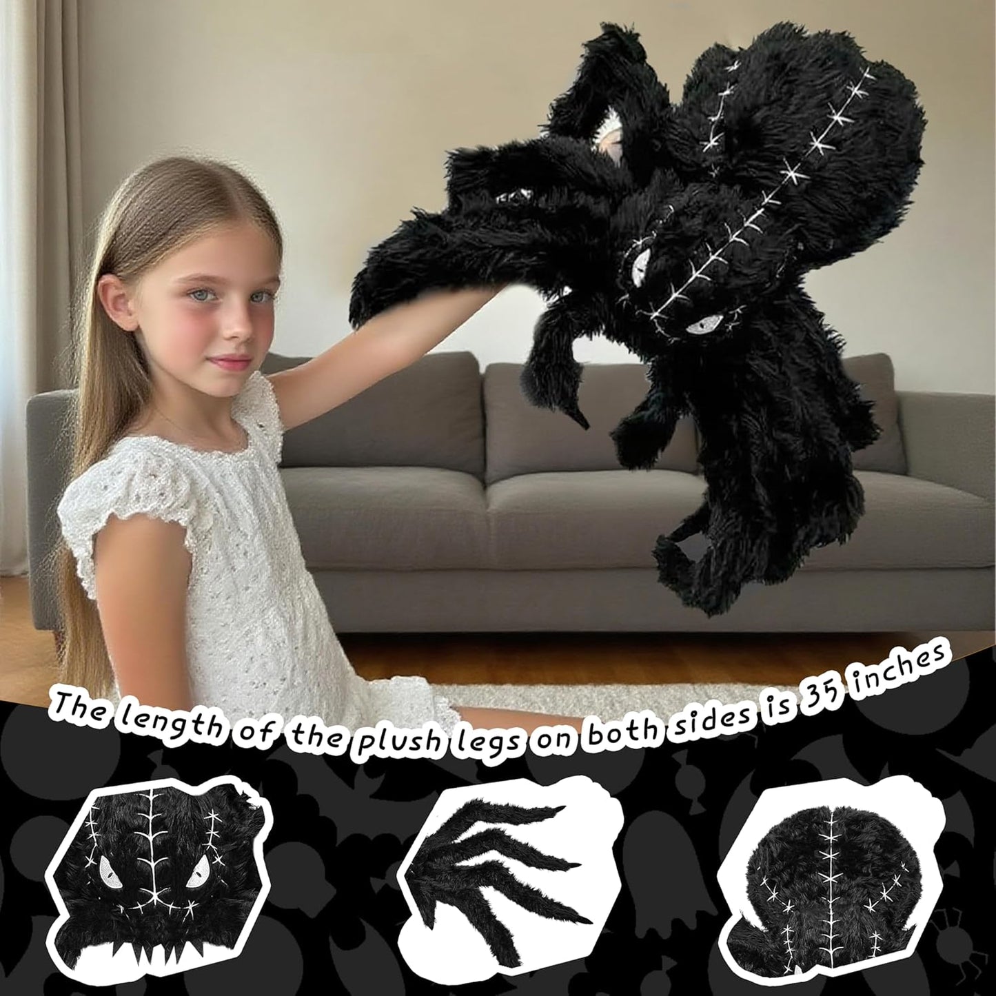 Halloween Spider Plush - 34.6 Inch Large Black Soft Spider Pillow Stuffed Animal for Halloween Decor, Party Scary Props, Prank Birthday Gifts for Kids and Adults