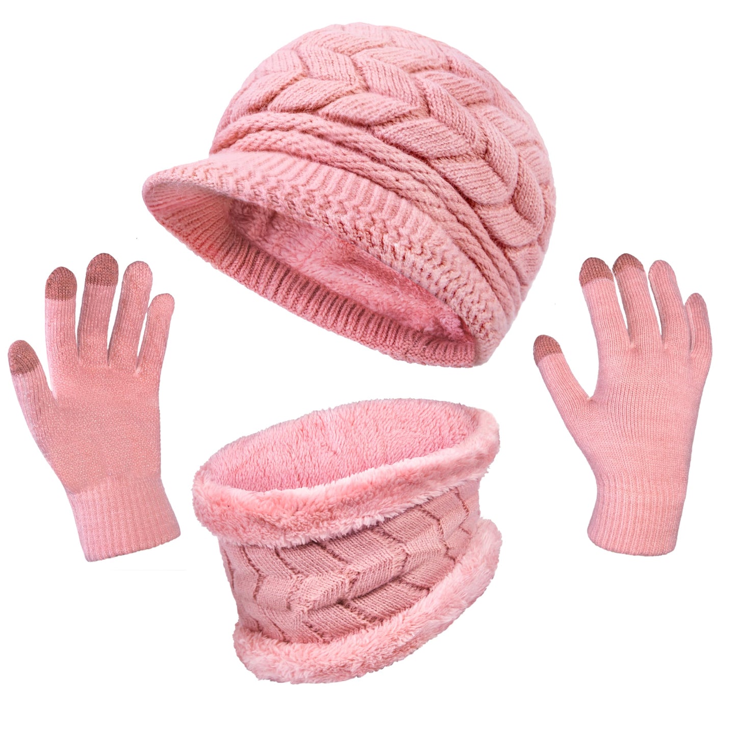 3-Pieces Winter Hat Gloves Scarf Set, Knit Warm Beanie Hat Neck Warmer Touch Screen Mittens for Women