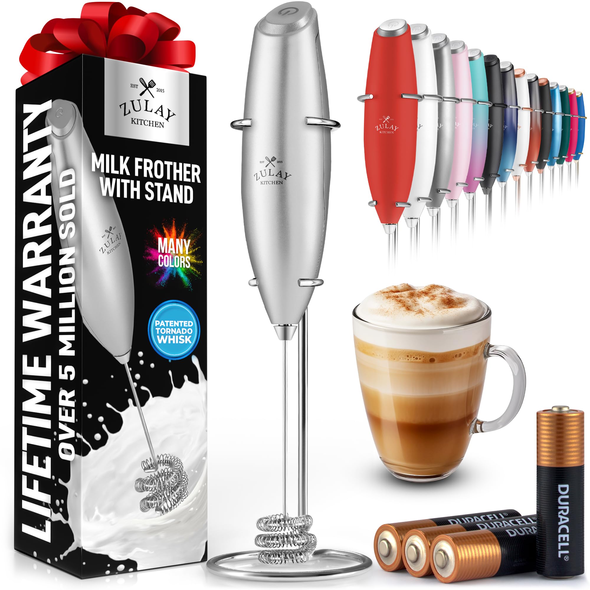 Zulay Kitchen Powerful Milk Frother Wand With 2 Duracell Batteries - Ultra Fast Handheld Drink Mixer - Electric Whisk Foam Maker for Coffee, Lattes, Cappuccino, Matcha, Hot Chocolate & Creamer - Black