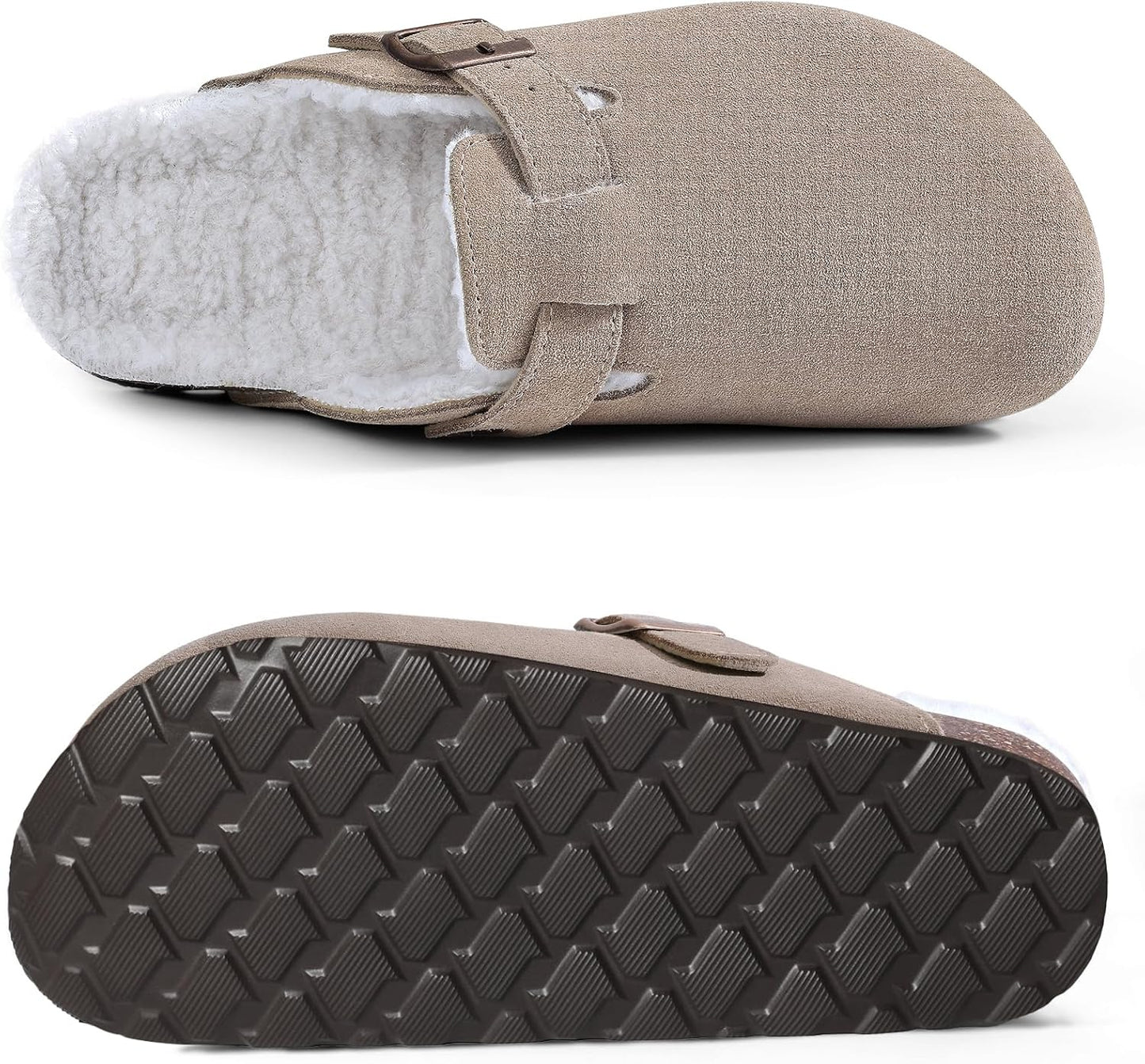 KIDMI Women's Fur Lined Suede Clogs Fuzzy Cork Footbed Mules Slip On Winter Potato Shoes