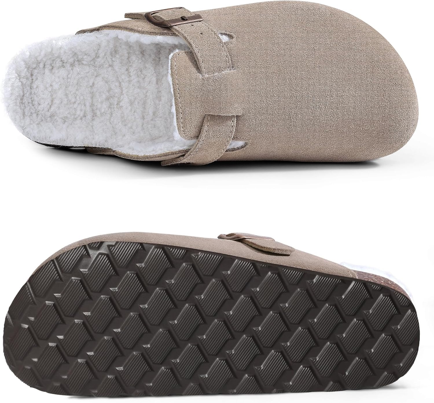KIDMI Women's Fur Lined Suede Clogs Fuzzy Cork Footbed Mules Slip On Winter Potato Shoes