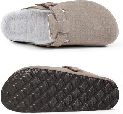 KIDMI Women's Fur Lined Suede Clogs Fuzzy Cork Footbed Mules Slip On Winter Potato Shoes