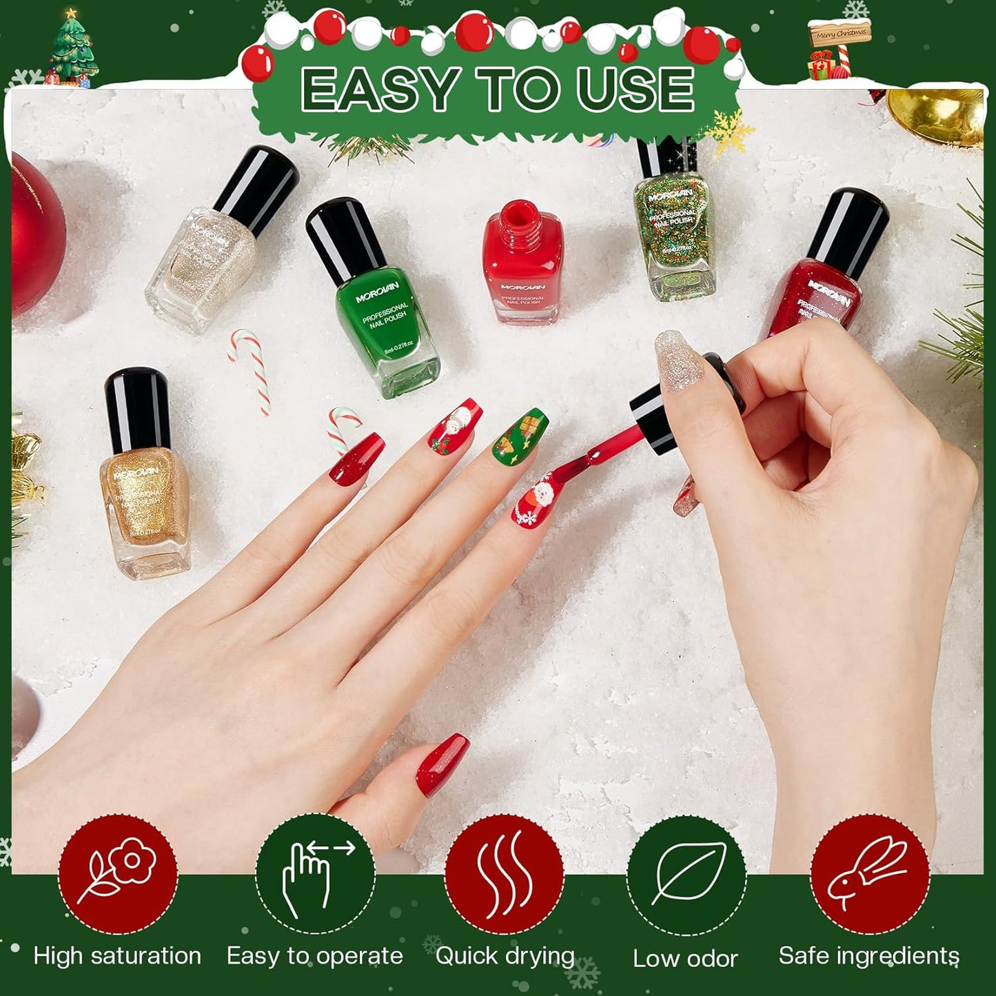 Morovan Christmas Nail Polish Set: 2025 Glitter Red Green Gold Silver Fingernail Polish Kit with Sticker Winter Quick Dry Regular Nail Polish Pack Manicure Gifts for Women Girls Holiday Party
