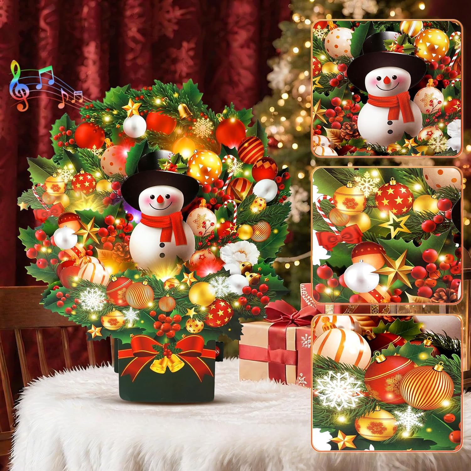 Christmas Cards with Lights and Music, Christmas Bouquet with Snowman, Popup Musical Greeting Card for Holiday New Year