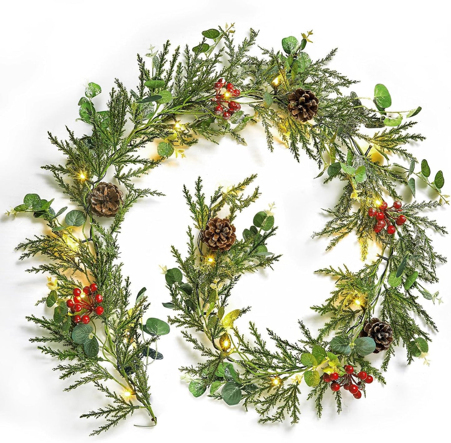 Brightown Pre-lit Christmas Garland with Lights, 6 Feet 20 LED Battery Operated Christmas Lights with Pine Cones, Berry, Eucalyptus Leaves, Indoor Christmas Decorations for Stairs, Fireplace, Door