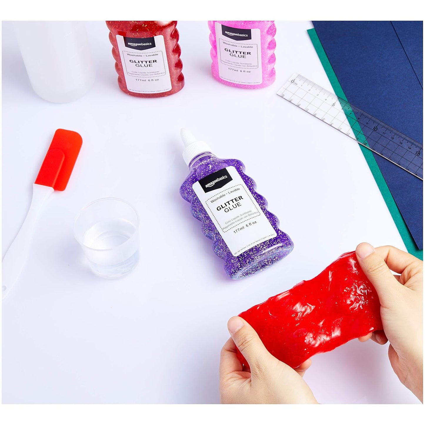 Amazon Basics Liquid Washable Glitter Glue, Assorted Colors (Purple Pink Red Blue), 177ml, 6 oz Each, 4-Count