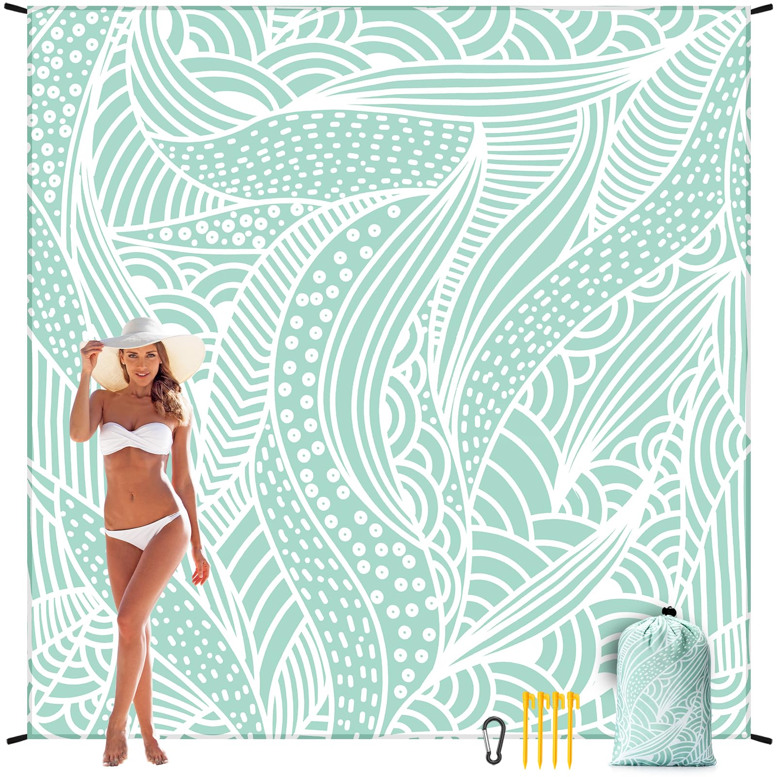 Beach Blanket Waterproof Sandproof Beach Mat 79" X 83" /10'x9'for 2-8 Adults Quick Drying Outdoor Picnic Mat Beach Accessories for Travel, Camping, Hiking
