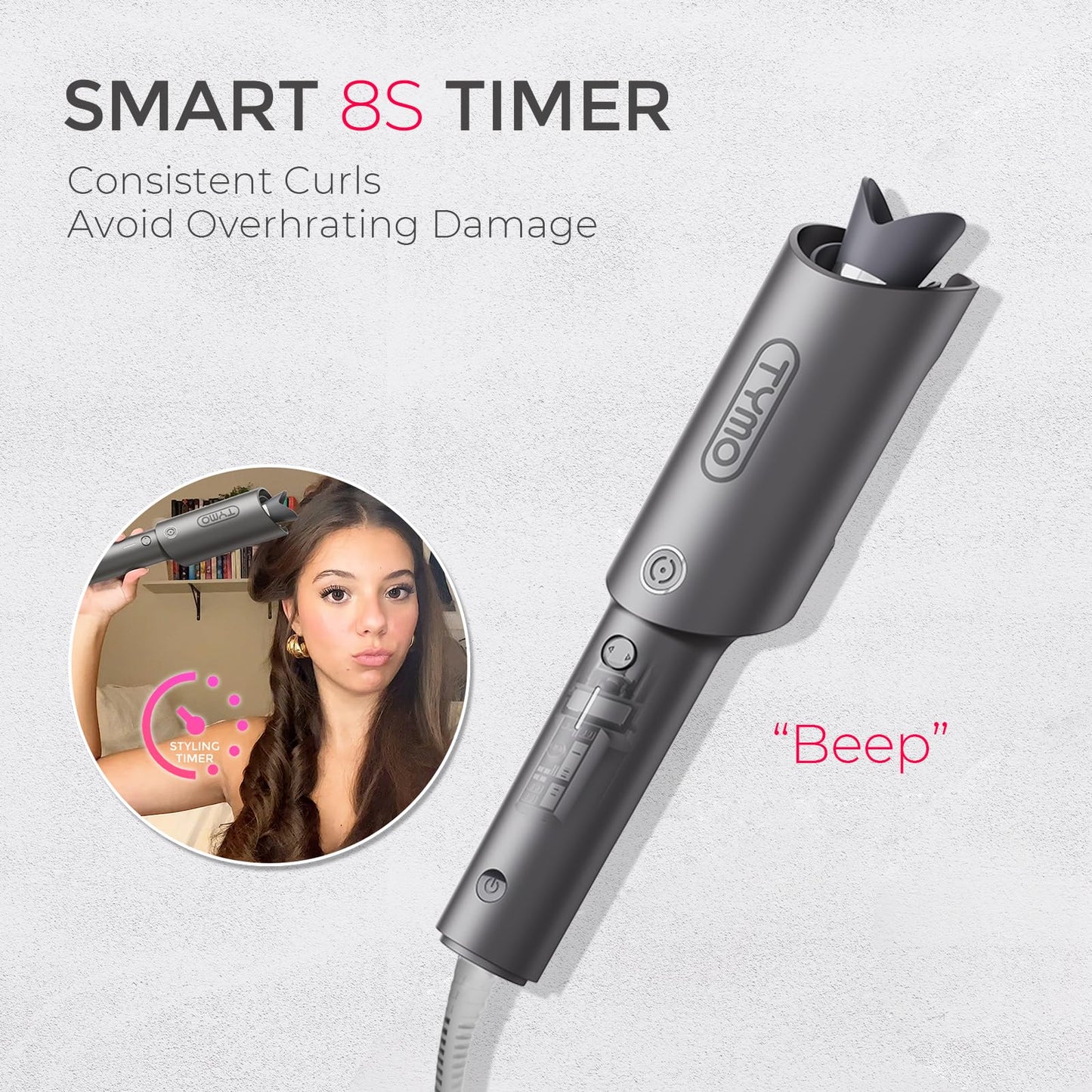 TYMO Automatic Rotating Curling Iron - TYMO CURLPRO Beach Waves Curling Wand, Portable Hair Curler, 500 Million Ionic, Dual Voltage & Lightweight for Travel, Ceramic Coating, 1 1/4 Inch, Metallic Gray