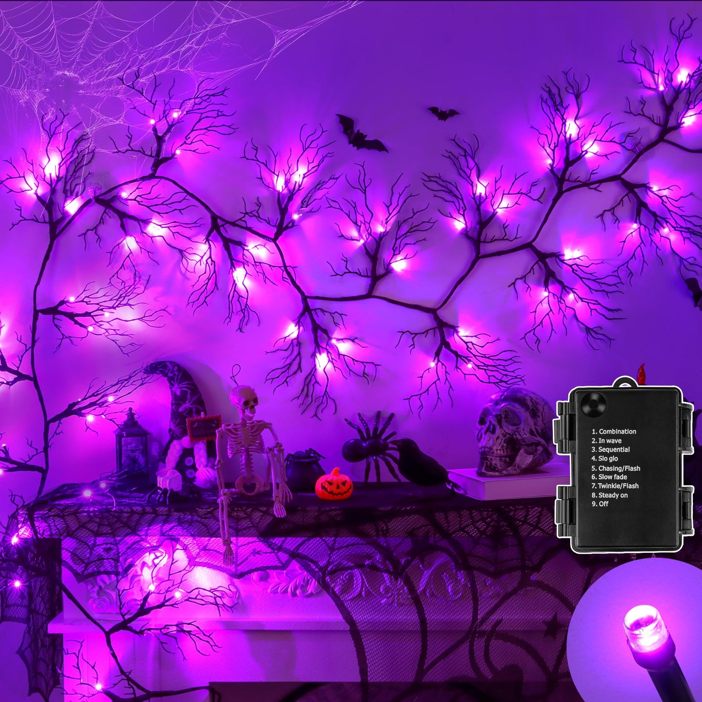 6 FT Halloween Black Garland Willow Vine Twig Decor with Orange & Purple Light, 8 Modes & Timer Battery Operated Waterproof Halloween Decorations Indoor for Mantle Fireplace Home Party Decor