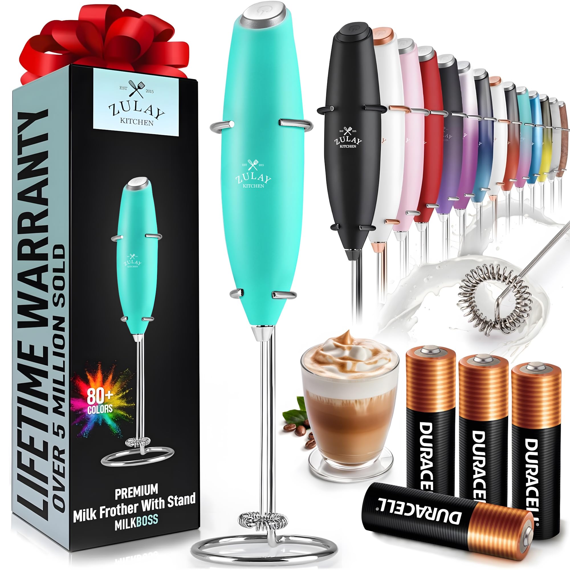 Zulay Kitchen Powerful Milk Frother Wand With 2 Duracell Batteries - Ultra Fast Handheld Drink Mixer - Electric Whisk Foam Maker for Coffee, Lattes, Cappuccino, Matcha, Hot Chocolate & Creamer - Black