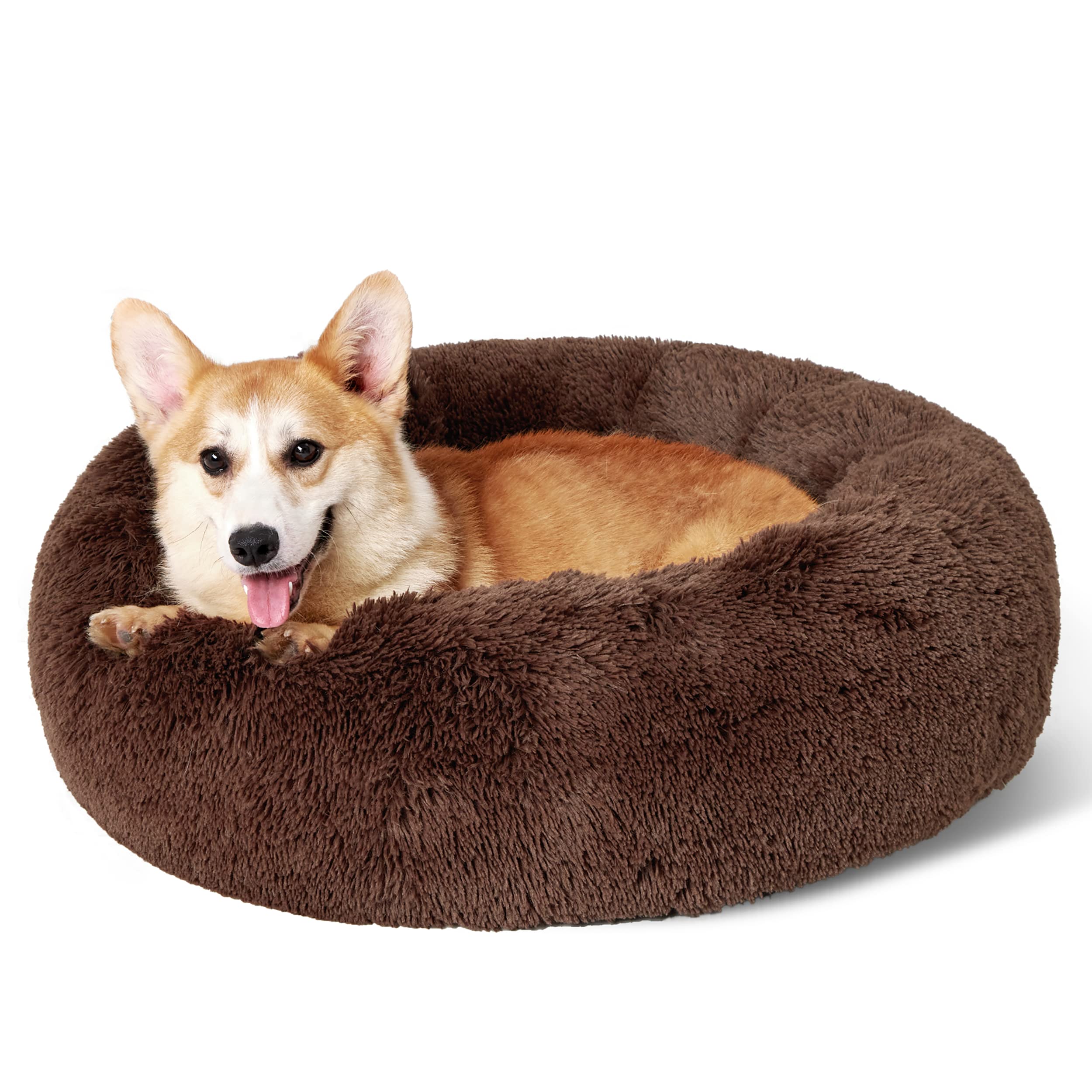 Bedsure Calming Dog Bed for Small Dogs - Donut Washable Small Pet Bed, 23 inches Anti-Slip Round Fluffy Plush Faux Fur Large Cat Bed, Fits up to 25 lbs Pets, Camel