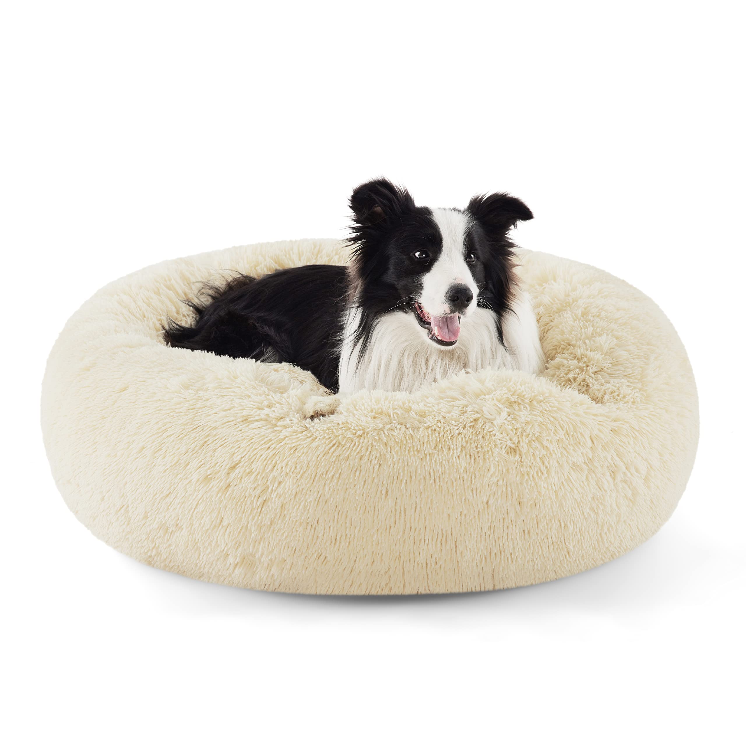 Bedsure Calming Dog Bed for Small Dogs - Donut Washable Small Pet Bed, 23 inches Anti-Slip Round Fluffy Plush Faux Fur Large Cat Bed, Fits up to 25 lbs Pets, Camel