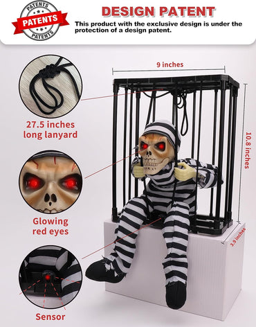 Screaming Animated Halloween Decorations, Halloween Decor Prop with Motion Sensor, Scary Skull Cage Prisoner Haunted House Decor, Spooky Hanging Ghost Halloween Decorations Outdoor Indoor
